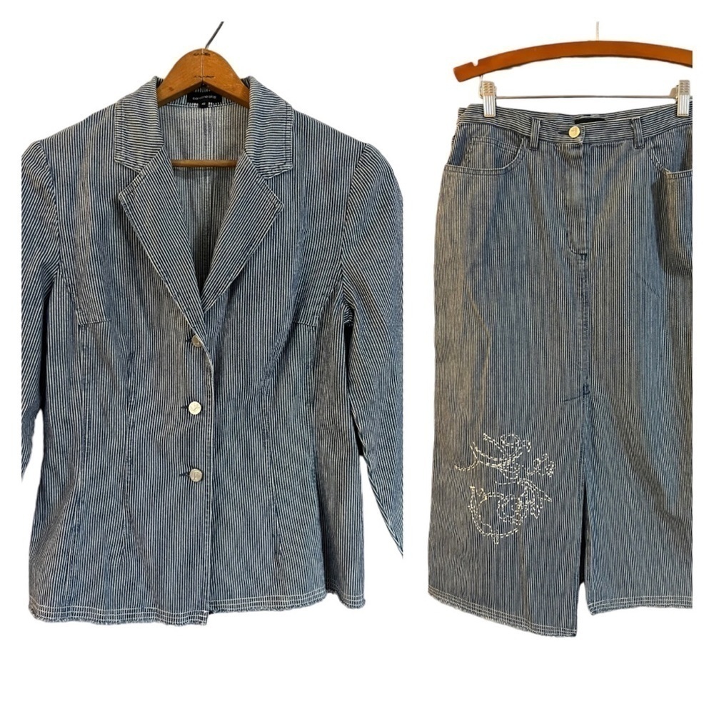 Caroline Biss Blazer Skirt Outfit Set Size 42 Denim Teacher Academia